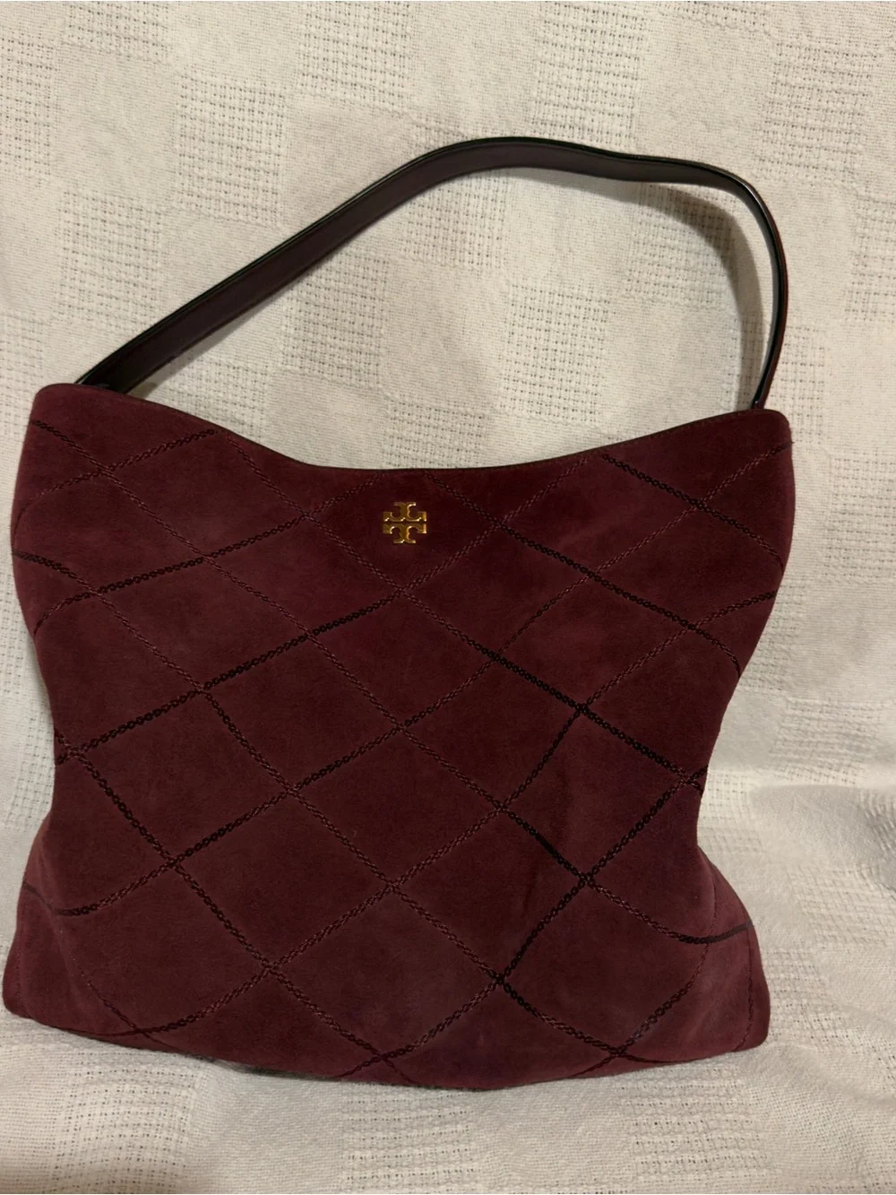 Tory Burch Burgundy Freida Quilted Shoulder Bag with Gold Logo